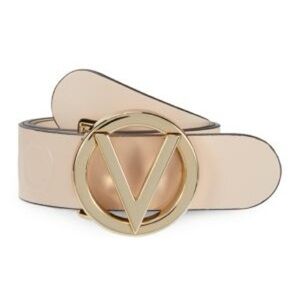 Valentino Cream Belt with Gold V Buckle